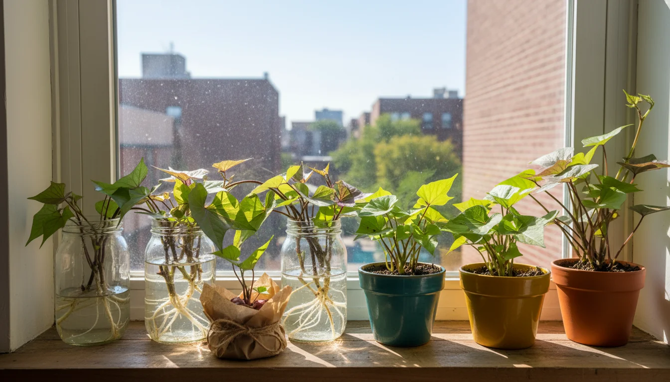 A sunlit urban windowsill displays sweet potato vine cuttings rooting in water, some in small pots, and one wrapped for gifting.