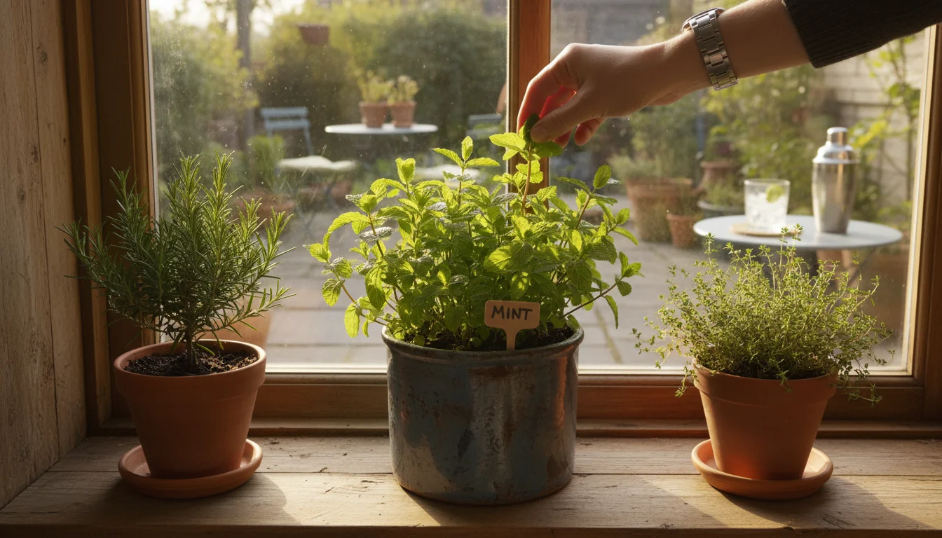 Sunlit window ledge with diverse pots of vibrant rosemary, mint, and thyme. A hand plucks mint leaves, with a green patio visible outside.