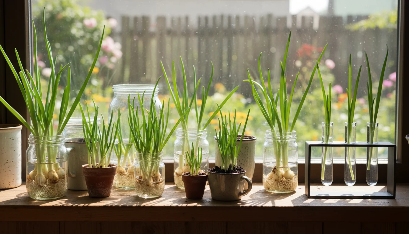 A sunlit windowsill full of vibrant green onions growing in various jars and pots, with a small clip-on grow light supplementing the bright natural li