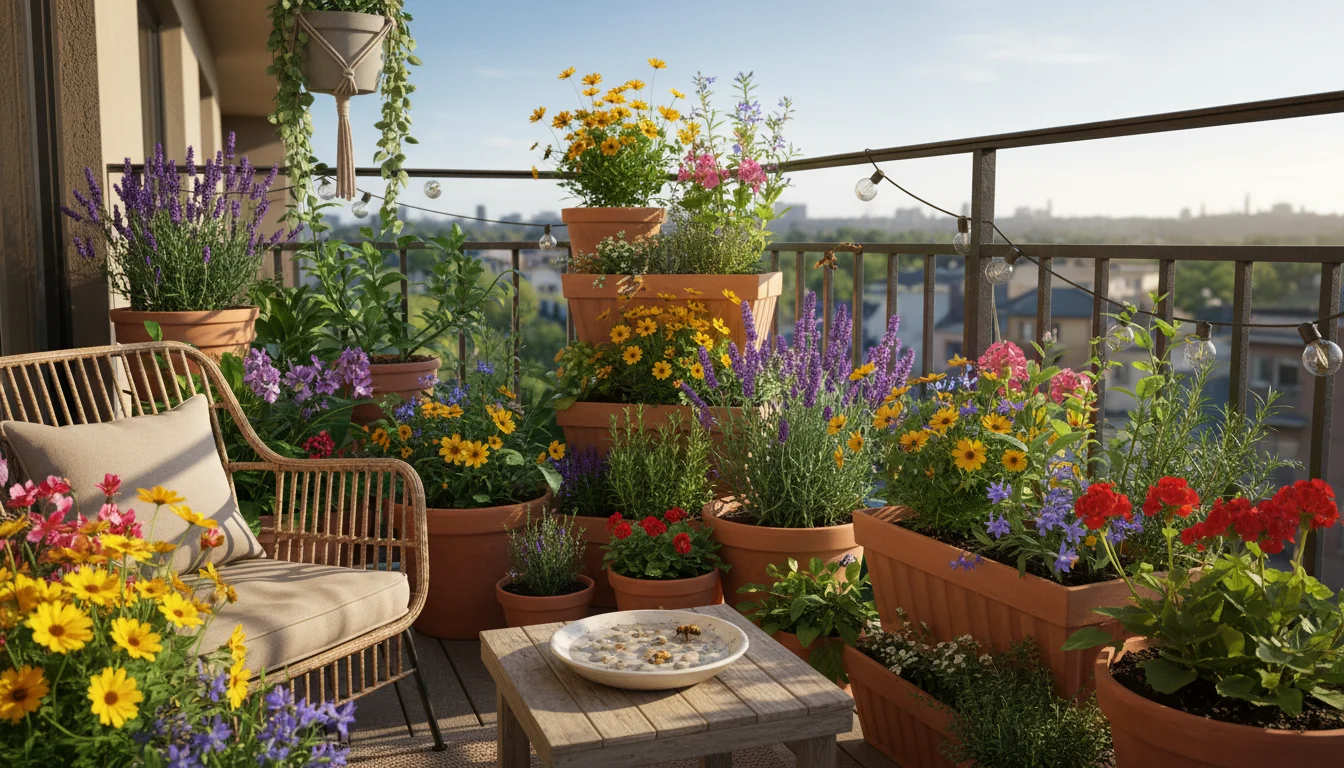 A sunny apartment balcony corner features various container plants, a bee watering dish with pebbles, and a small bee house, creating a pollinator hav