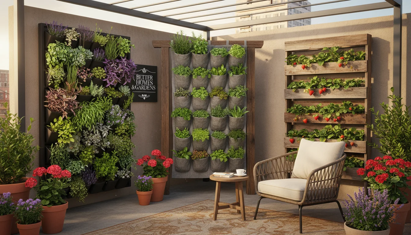 Sunny compact patio featuring diverse vertical gardens: modern panel with ornamentals, colorful fabric pocket with herbs/greens, rustic stackable stra