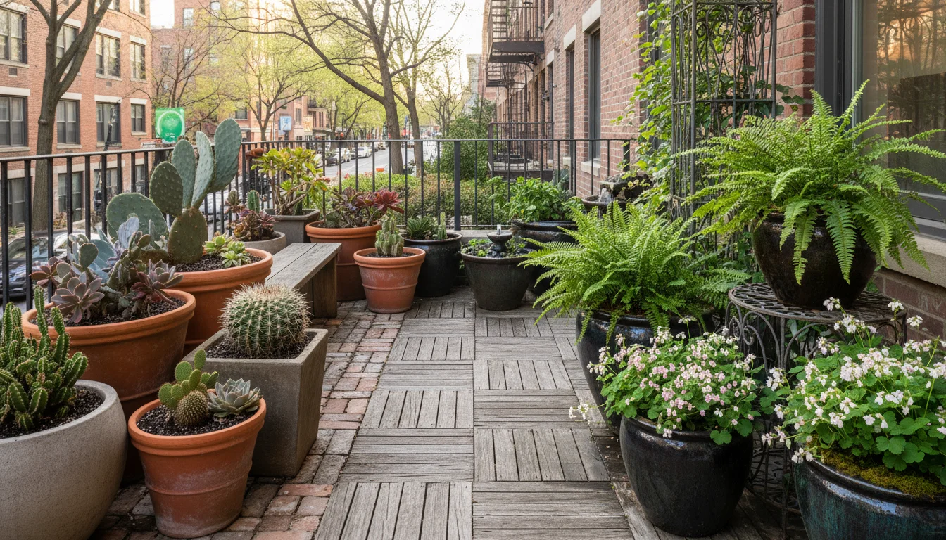 Sunny native succulents in terracotta pots contrasting with shady native ferns in dark ceramic pots on a small urban patio.