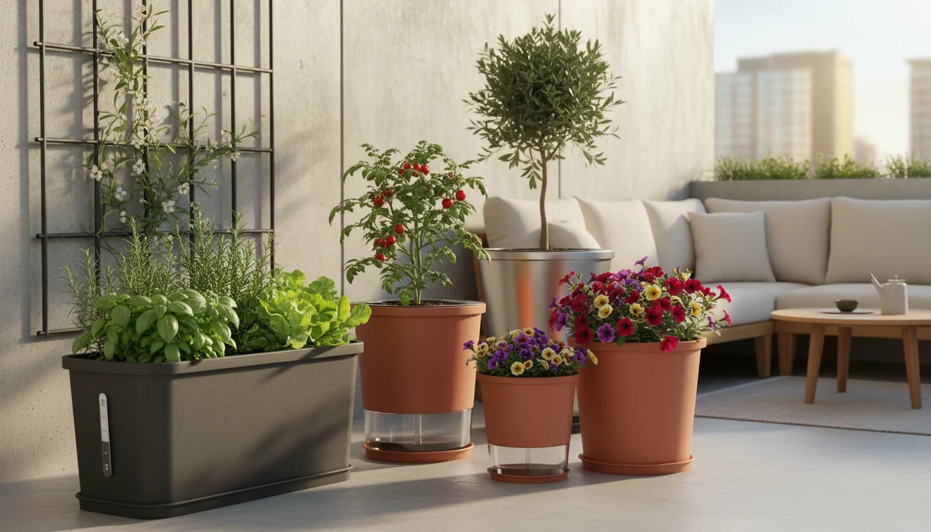 A sunny patio corner showcases various self-watering containers: a balcony box of herbs, pots with tomato and petunias, and a vertical wicking planter