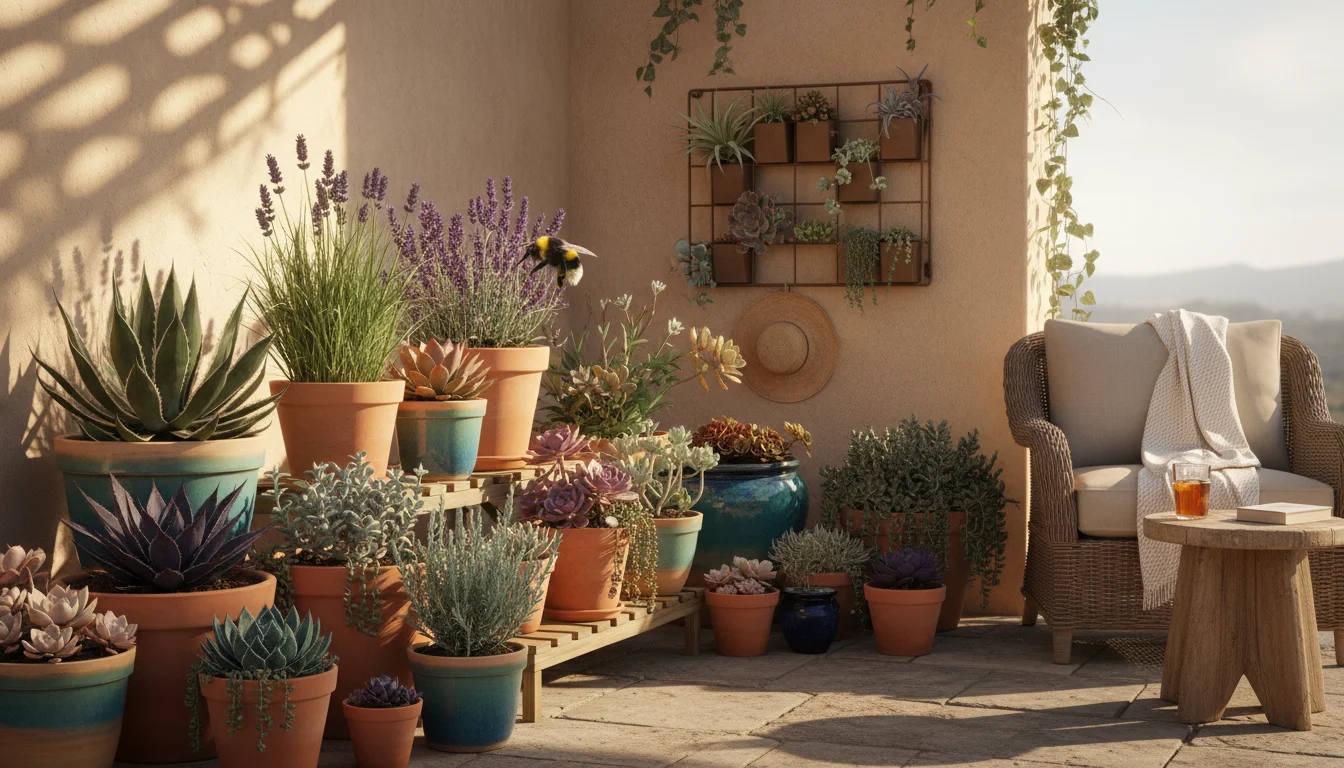 A sunny patio garden with diverse drought-tolerant plants in pots and a vertical planter, featuring succulents, lavender, and a bee.