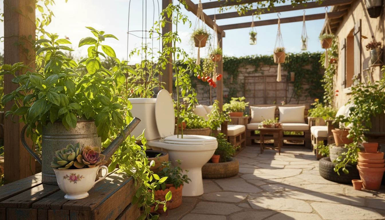Sunny patio with upcycled containers: succulent in teacup, overgrown basil in tin, tomato in laundry basket, lettuce in milk jug. Hand touches basil.