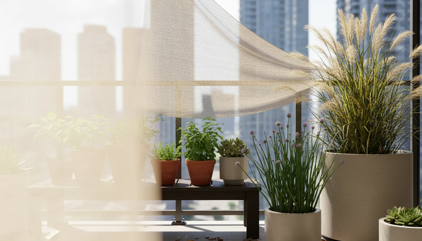 Sunny urban balcony with a beige shade cloth creating shade over leafy greens and ornamental grass shading chives in pots.