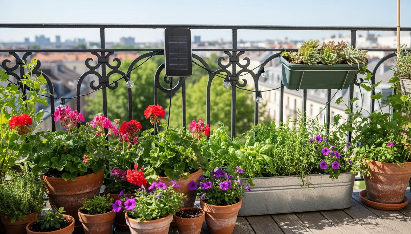 Sunny urban balcony garden with various container plants, including lavender and ivy, featuring two integrated solar lights catching the late afternoo