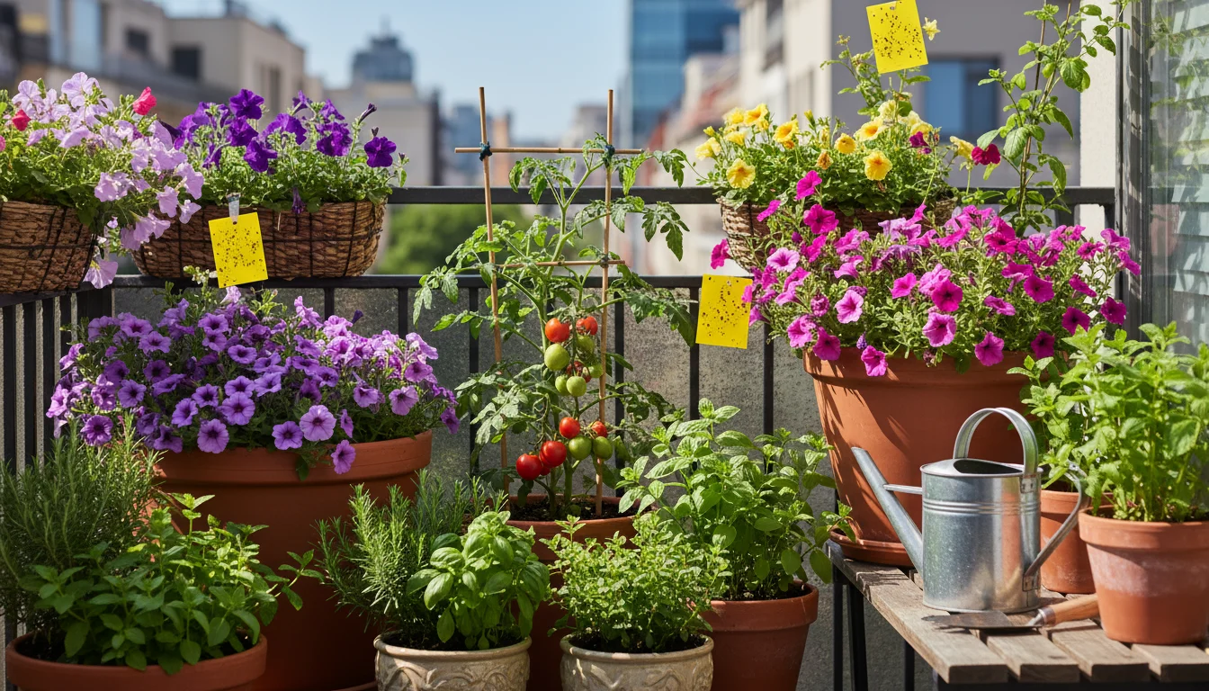 A sunny urban balcony garden with various potted plants and several yellow sticky traps placed among them.