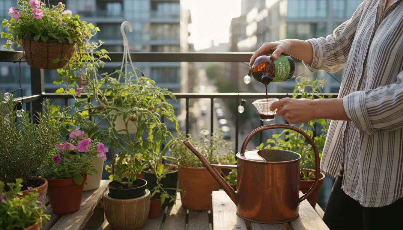 On a sunny urban balcony, hands carefully measure liquid organic fertilizer into a watering can amidst thriving container plants.