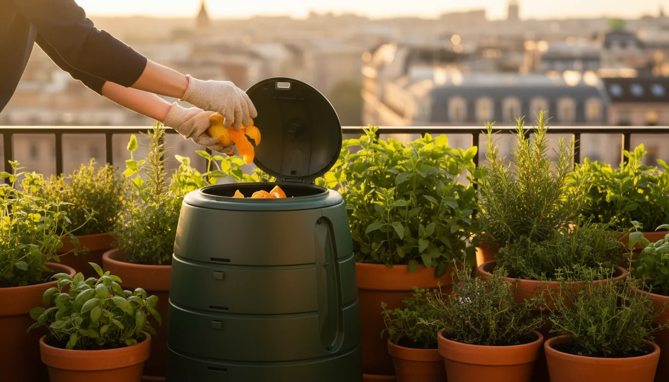 On a sunny urban balcony, a person adds fruit peels to a compact green compost tumbler, nestled among lush potted herbs.