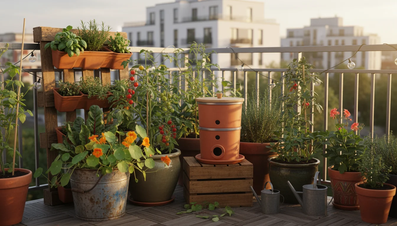 A sustainable urban balcony garden featuring a terracotta worm composter, a repurposed metal bucket planter, and a jug collecting rainwater.