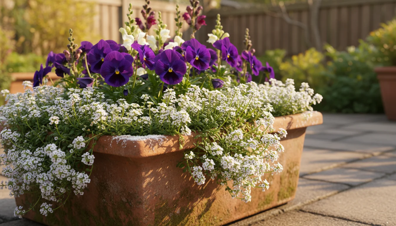 Close-up of sweet alyssum trailing over a terracotta planter's edge, with vibrant purple and yellow pansies forming a dense layer above.