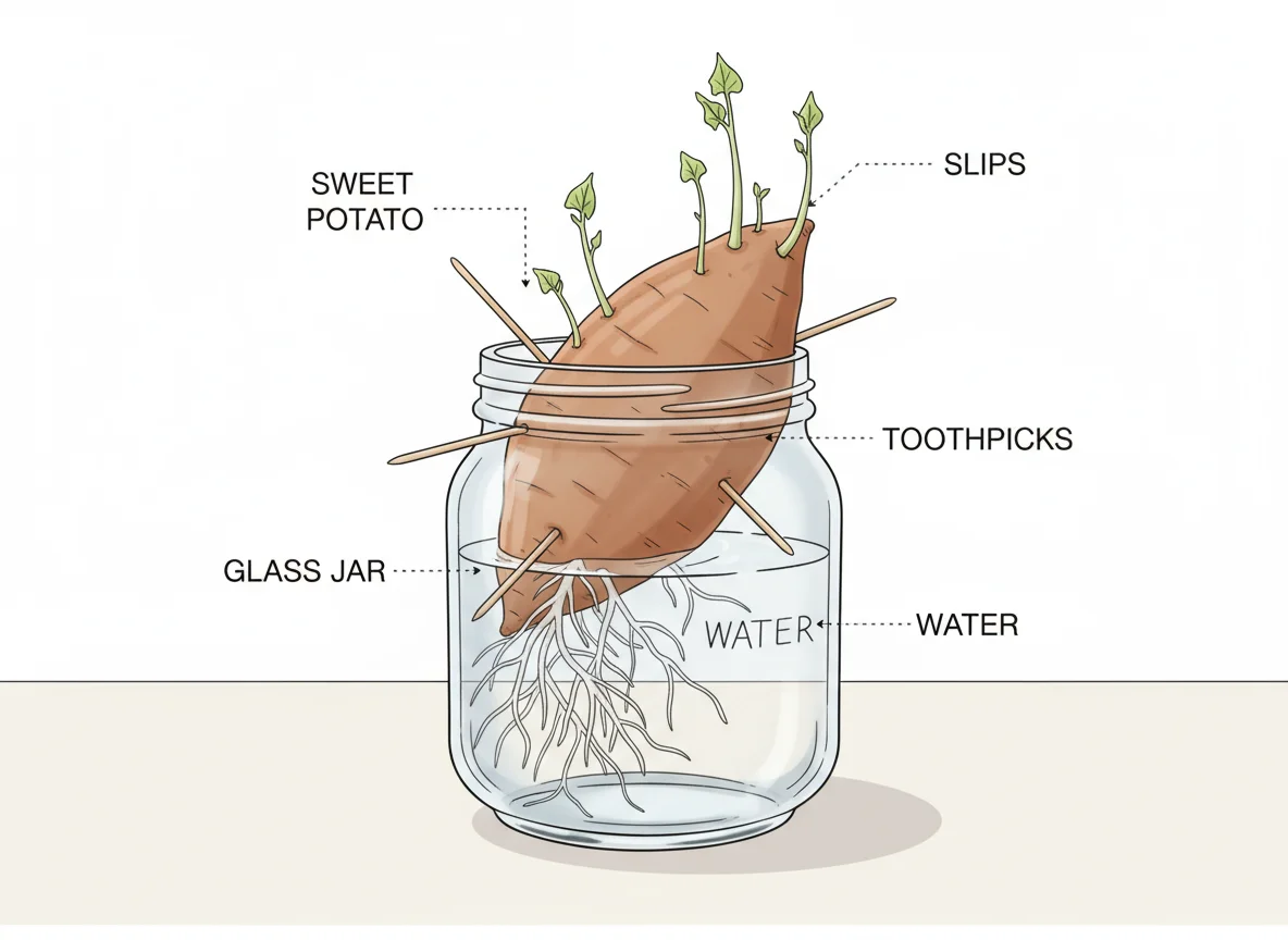 A sweet potato half submerged in a glass of water, held by toothpicks, showing roots growing below the waterline and leafy green sprouts (slips) growing from the top.