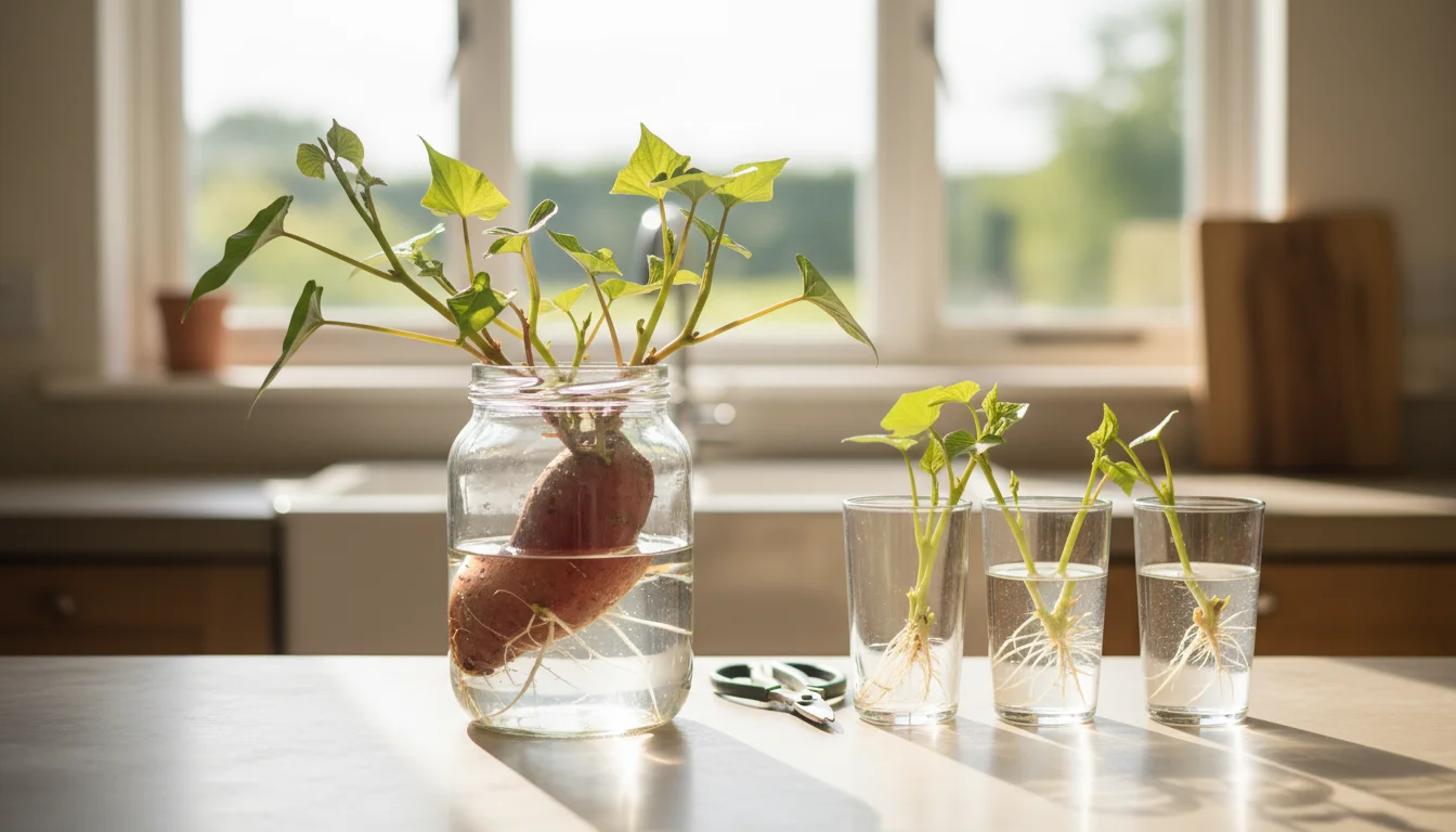 Sweet potato in jar sprouting slips, next to three glasses with rooted slips, gardening snips on a sunlit counter.