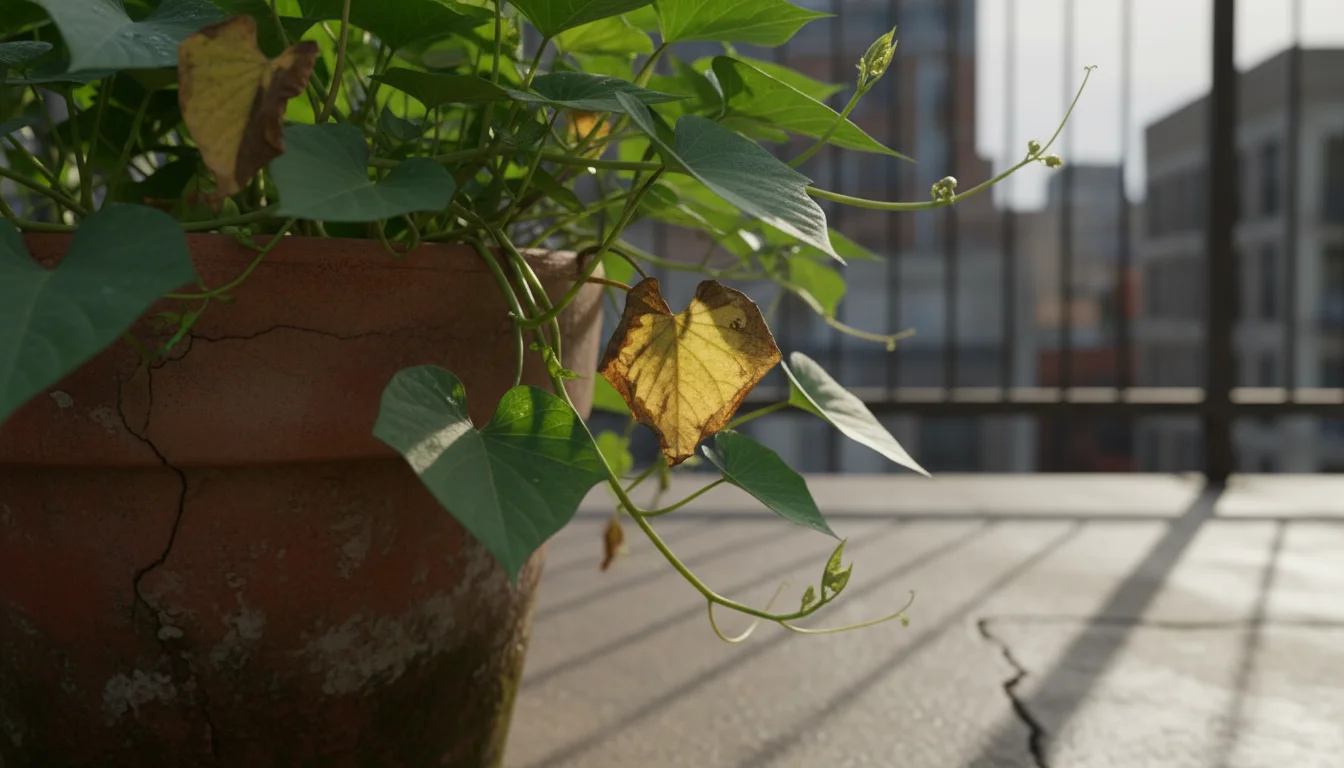 Sweet potato plant in a terracotta pot with some vines still green and others noticeably yellowing and drying.