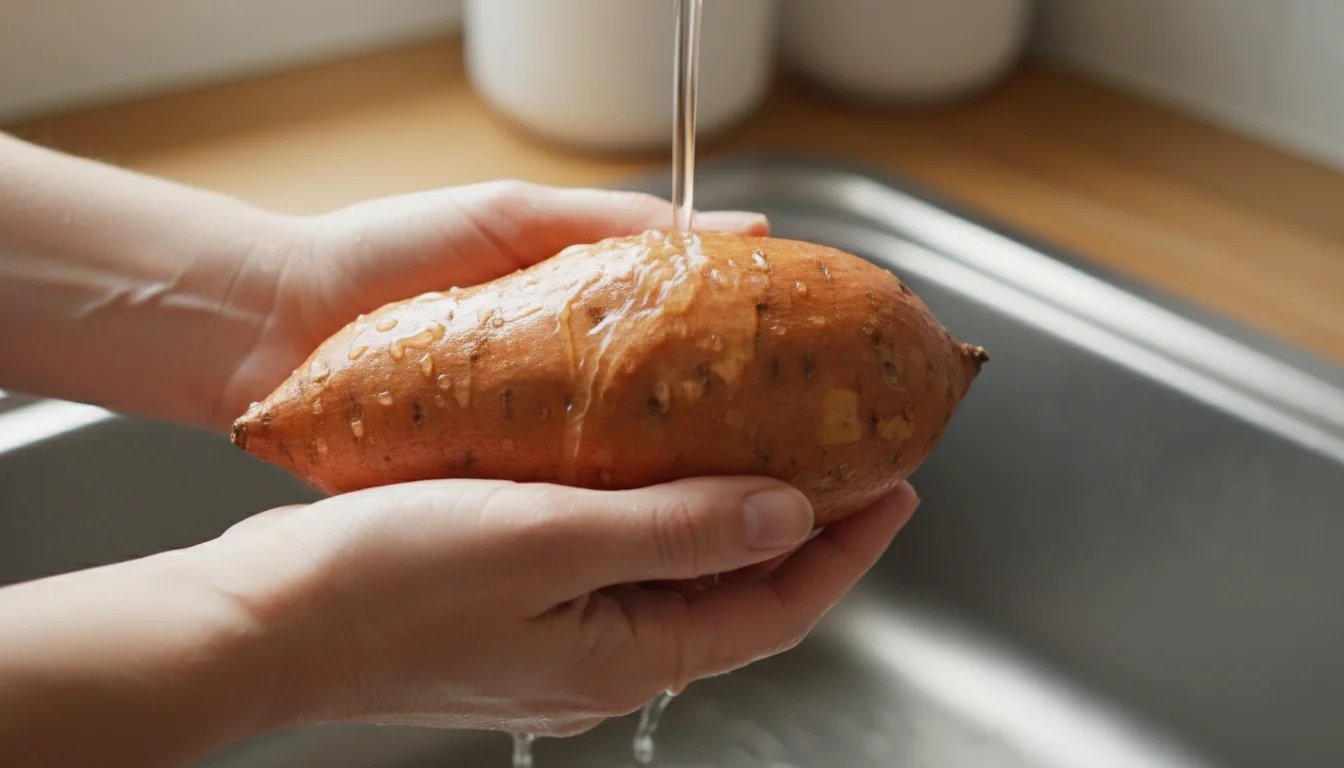 A sweet potato being rinsed under a gentle stream of tap water in a kitchen sink.