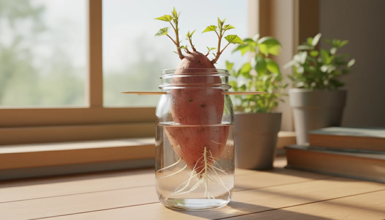 Medium sweet potato with small green sprouts emerging from its top, held by toothpicks in a clear glass jar on a windowsill.