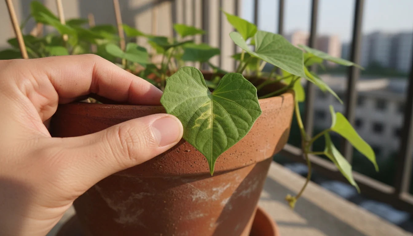 A close-up of a sweet potato vine leaf in a terracotta pot. A person's hand gently holds the leaf, which shows slight yellowing and tiny holes.