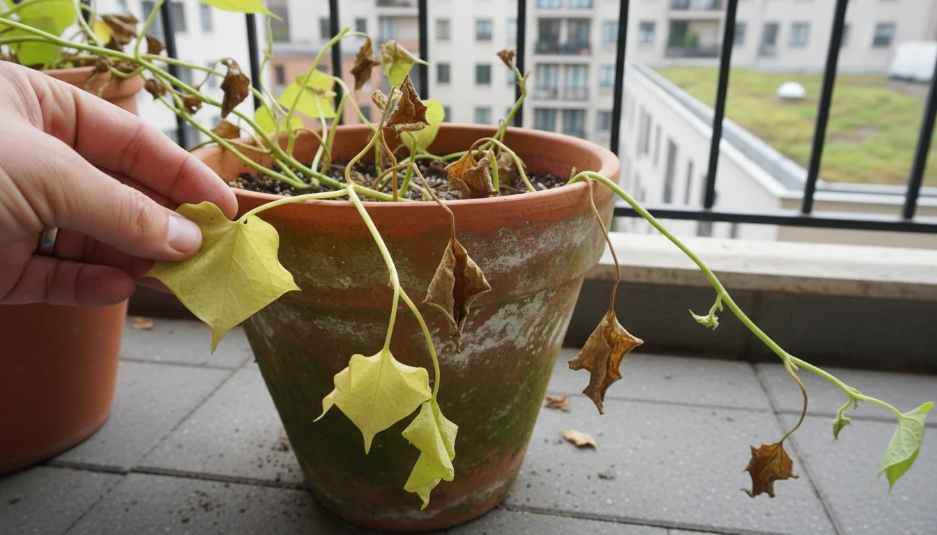 Sweet potato vine in a terracotta pot on a balcony, showing yellow, crispy, and leggy leaves. A hand touches a yellow leaf.