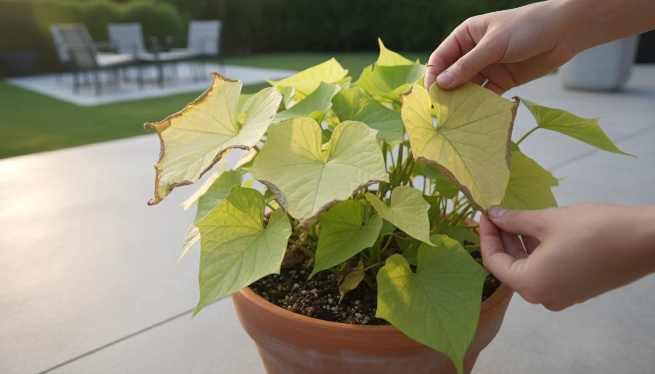 A sweet potato vine in a terracotta pot on a patio shows distinct yellowing leaves. Hands inspect a leaf.