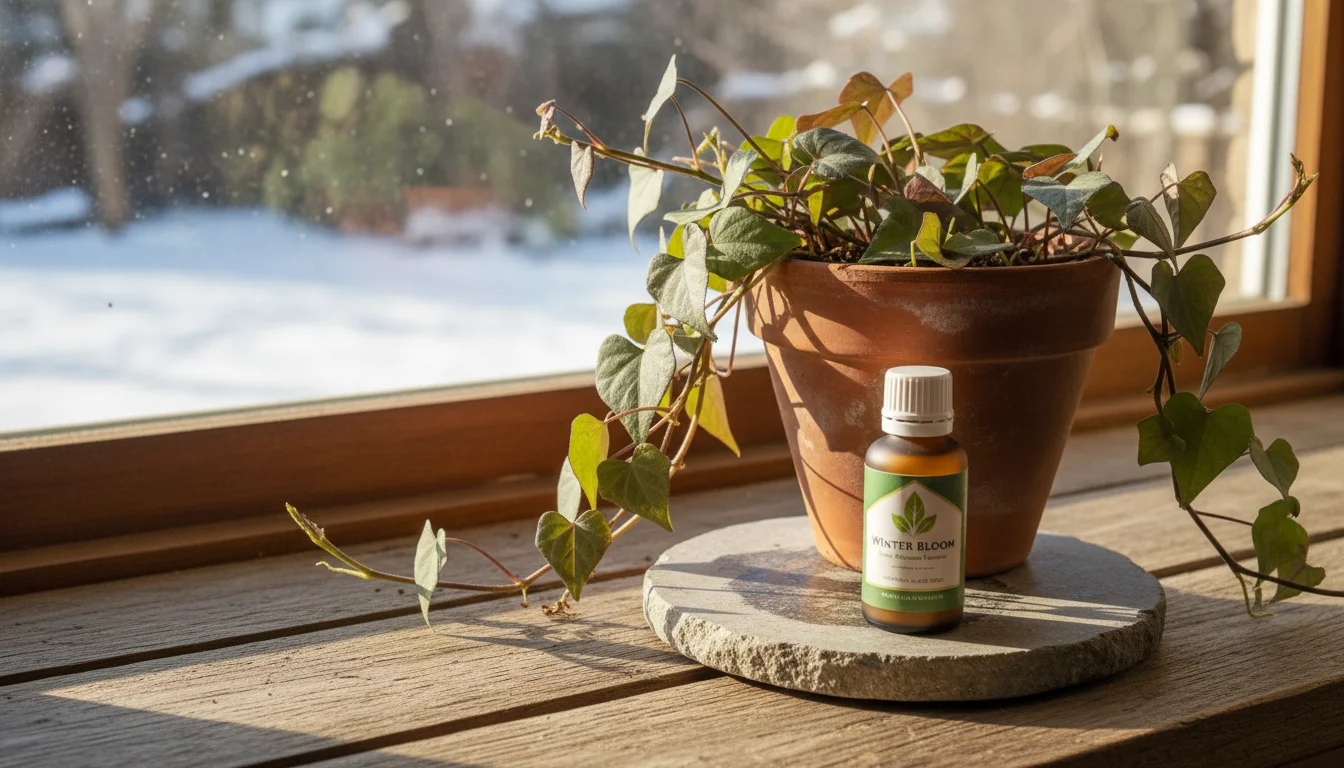 A sweet potato vine in a terracotta pot on a rustic windowsill, with a capped bottle of liquid fertilizer resting nearby, signaling winter rest.