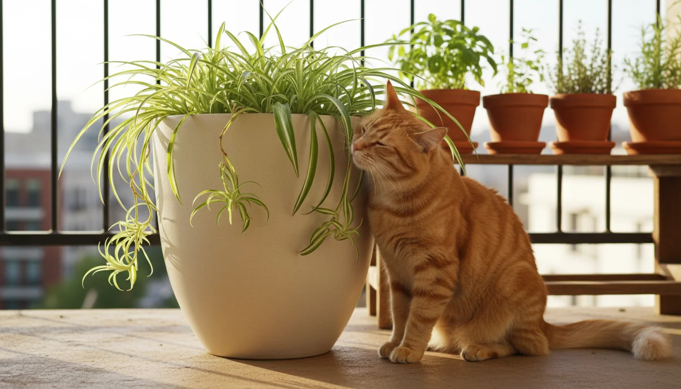 A tabby cat calmly rubs against a large, stable cream ceramic pot with a spider plant on a sunny urban balcony floor.