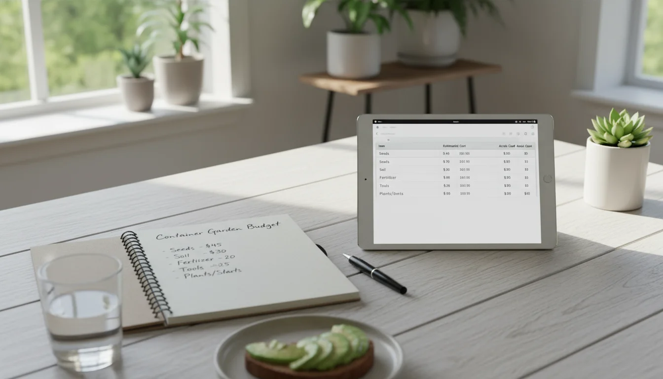 A close-up of a table with an open notebook showing a garden budget, a tablet displaying a spreadsheet, seed packets, and small pots.