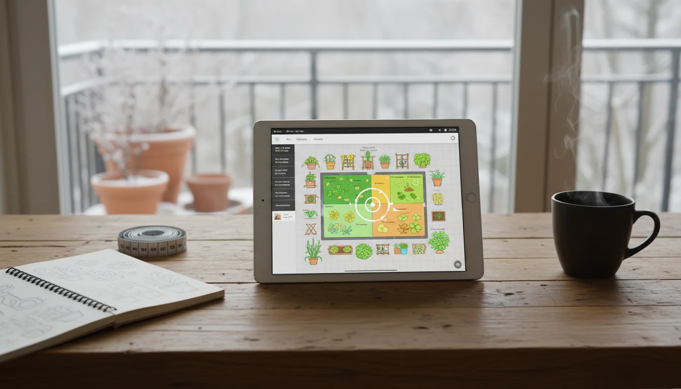 A tablet displays a colorful digital balcony garden plan next to a measuring tape and a notebook on a bright desk.