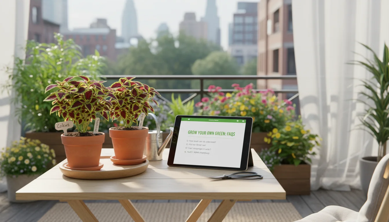 A tablet displaying a gardening FAQ next to two small coleus cuttings in terracotta pots on a balcony table.