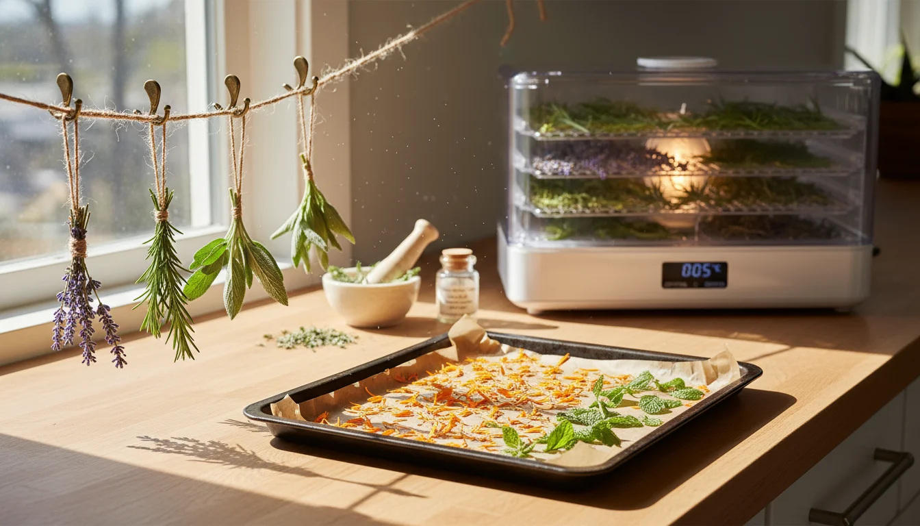 A tabletop scene displaying different herb and flower drying methods: hanging bundles, leaves on a baking sheet, and herbs in a dehydrator.