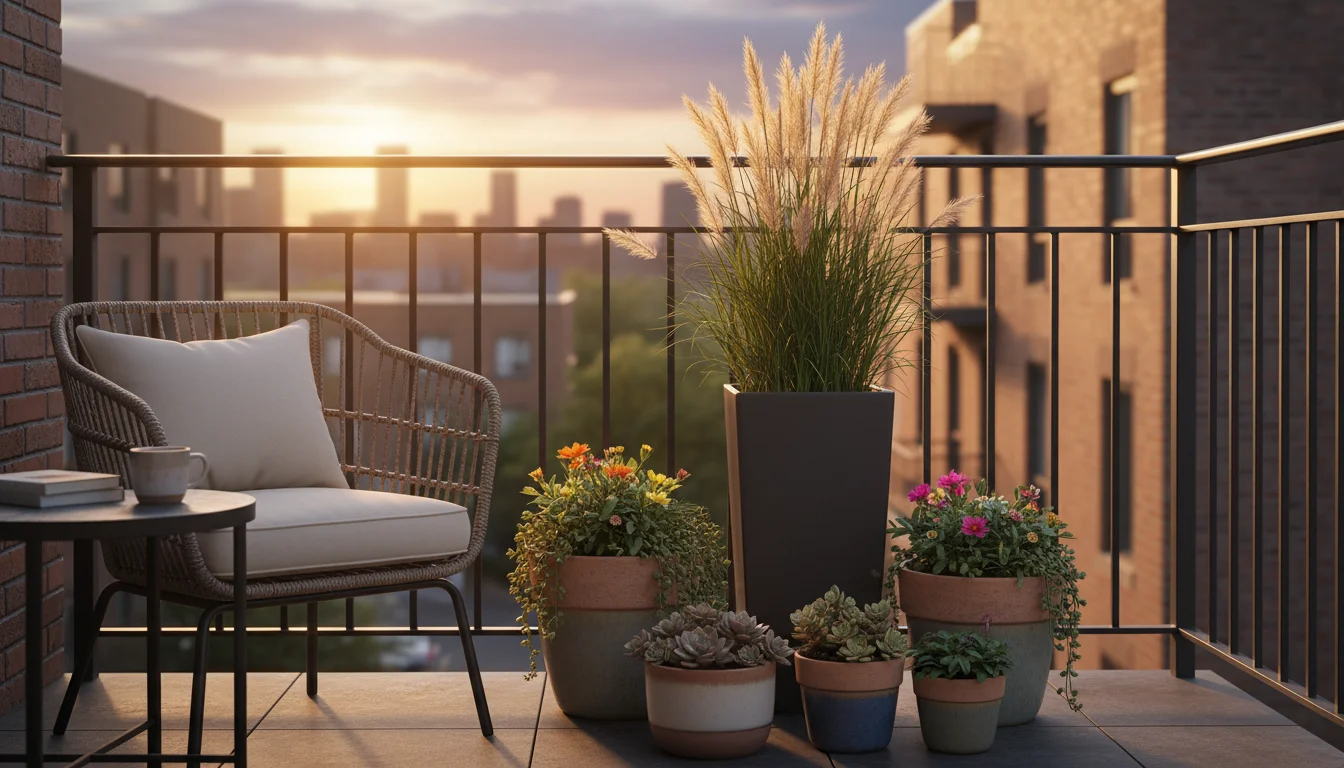 Tall, dark grey geometric planter with feather reed grass serves as a strong focal point among smaller pots on a cozy urban balcony.