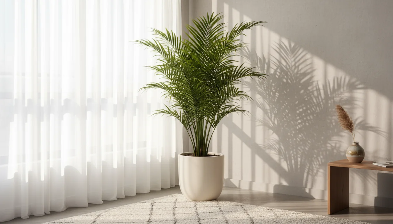 A tall, elegant Areca Palm in a light ceramic planter in a bright apartment corner, with a subtle pet cushion nearby.