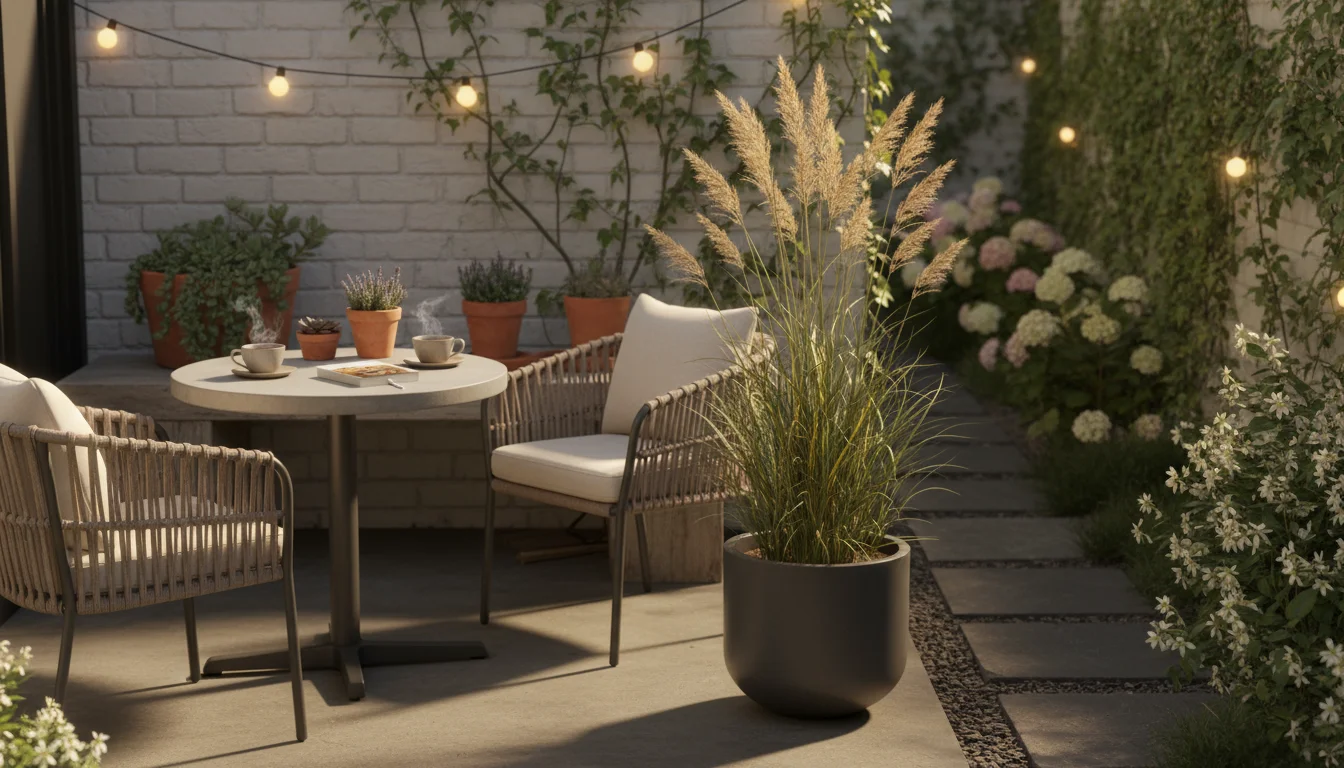 A tall, elegant Karl Foerster Feather Reed Grass in a sleek dark grey planter is the focal point of a small, sunlit patio corner with a bistro set.