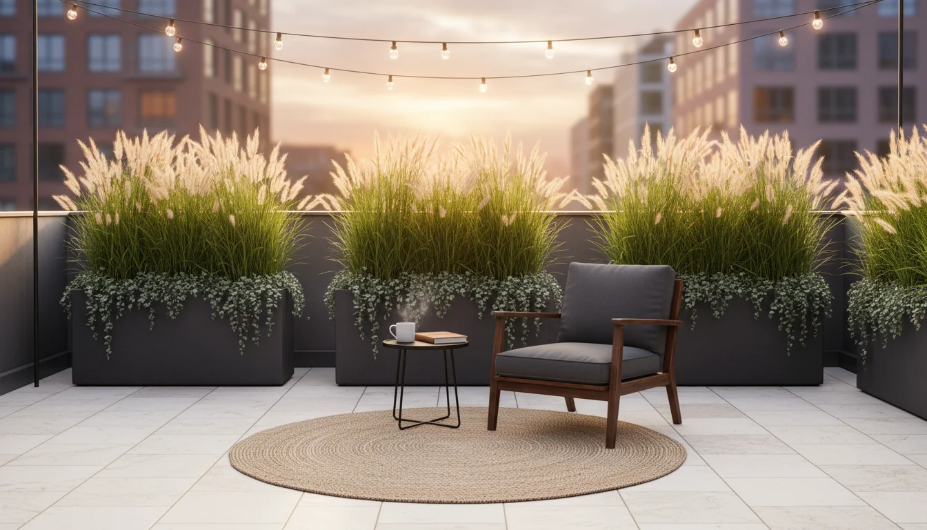 Tall feather reed grass in dark gray rectangular planters forms a lush privacy screen on a cozy urban patio, glowing in late afternoon light.