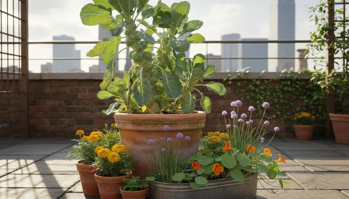 A tall, healthy Brussels sprout plant with developing sprouts in a terracotta pot on an urban patio, surrounded by smaller container plants.
