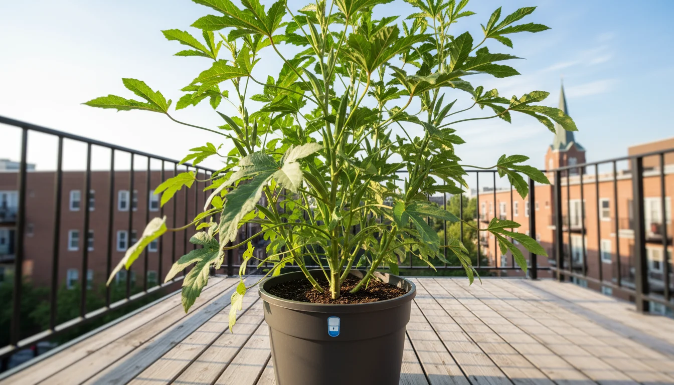 Tall okra plant with many pods in a deep, self-watering planter on a sunny urban balcony, with city building in background.