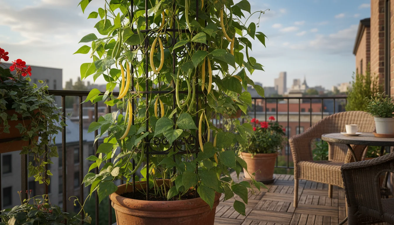 Tall pole bean plant with green and yellow pods growing in a terracotta pot on an urban balcony, forming a dense privacy screen.