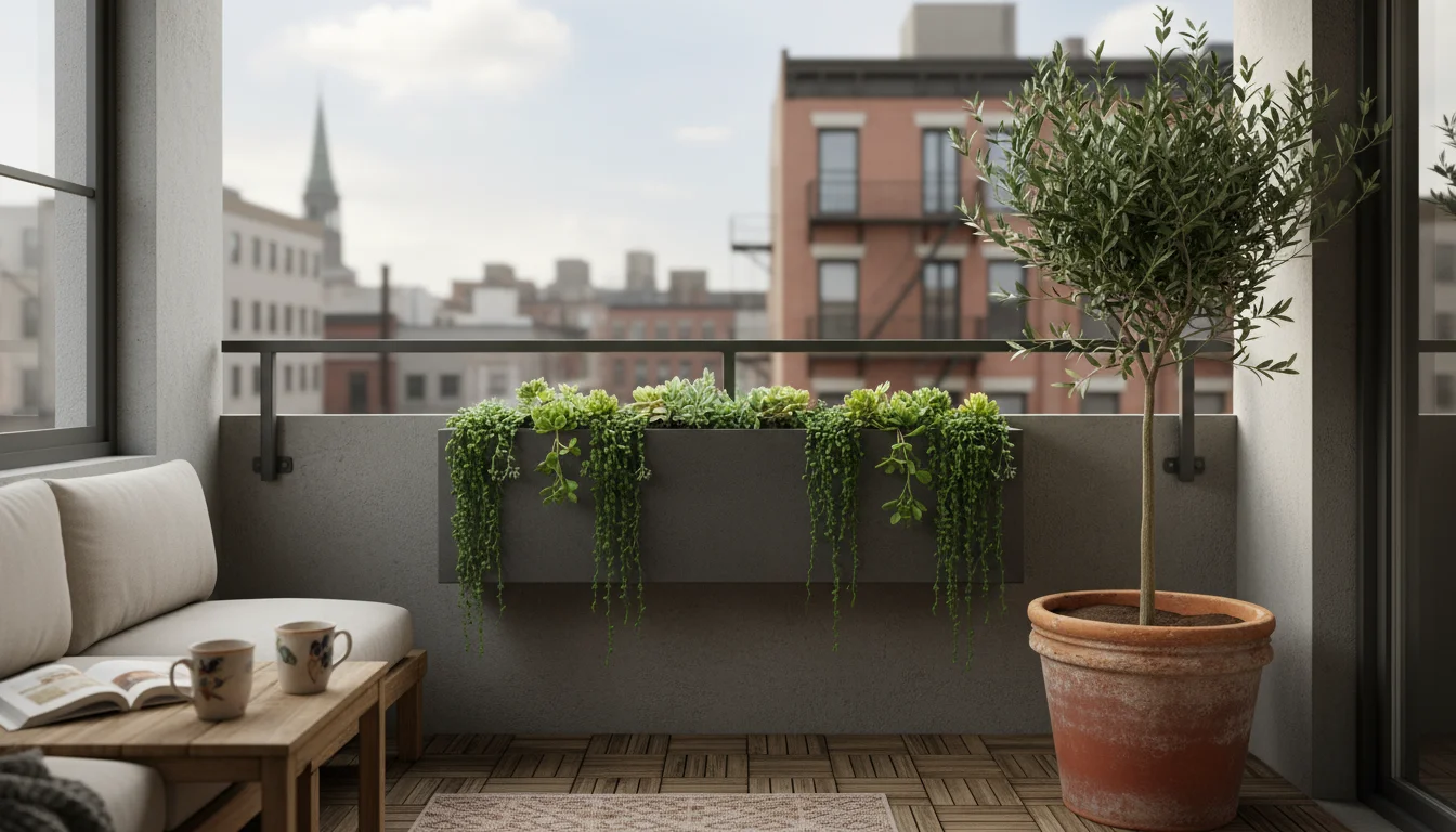 Tall potted dwarf olive tree and wall-mounted planter creating eye-level interest on a small, urban balcony, defining the outdoor 'room'.