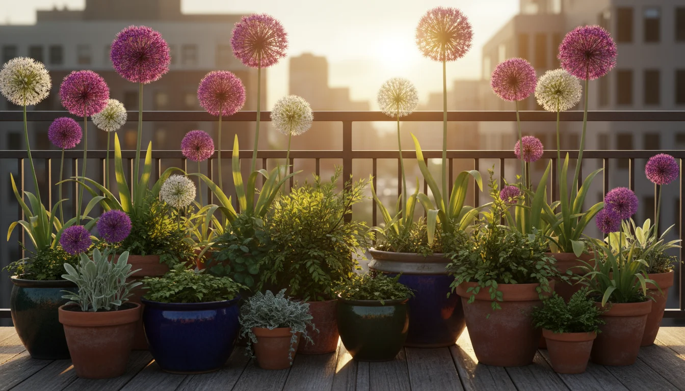 Tall purple and white allium flowers in terracotta pots on an urban balcony. Golden sunlight illuminates their spherical blooms against a blurred city