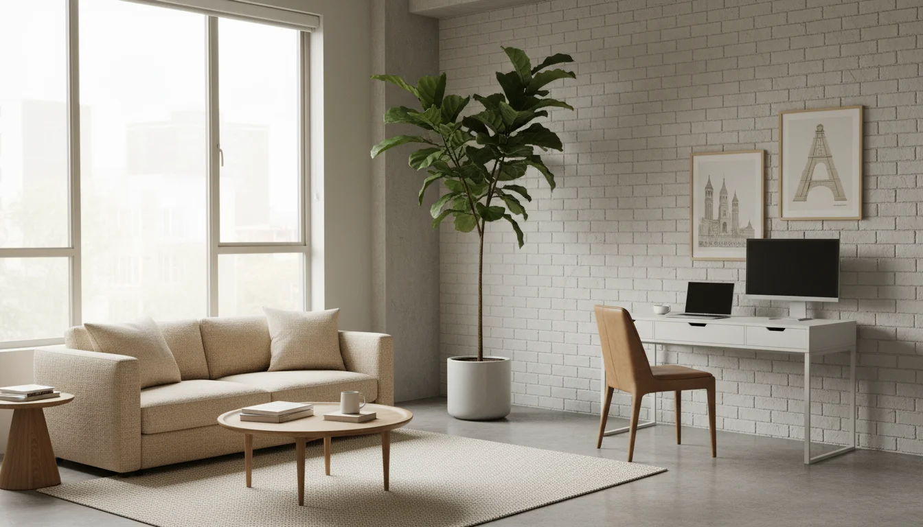 A tall, slender indoor tree in a minimalist pot strategically divides a modern open-concept living room from a dining nook. A person relaxes on the so