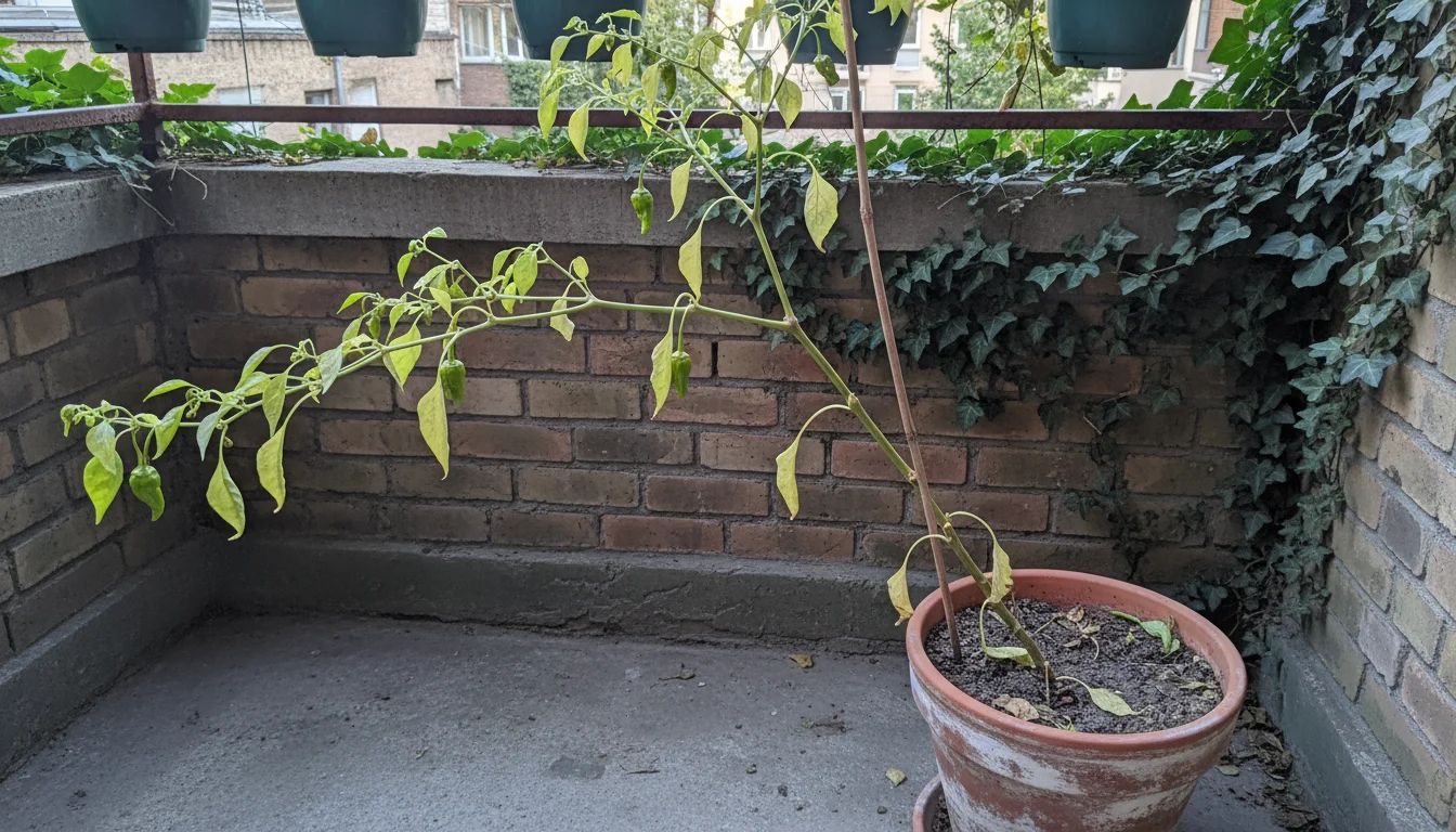 A tall, spindly ornamental pepper plant in a terracotta pot on a balcony. It has pale leaves and dull green peppers, sitting in a shaded corner, with