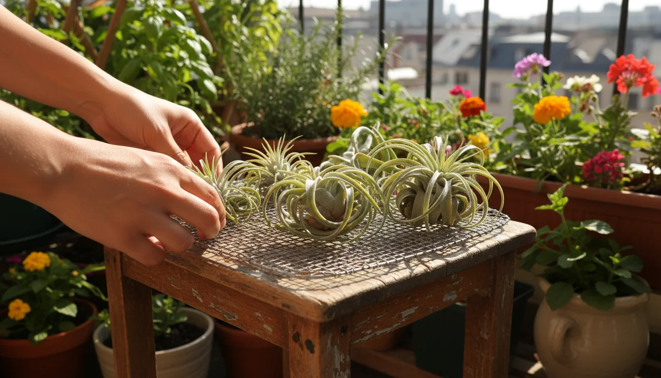 Tanned hands gently place glistening air plants on a mesh drying rack on a weathered wooden stool on a sunny urban balcony, surrounded by potted herbs