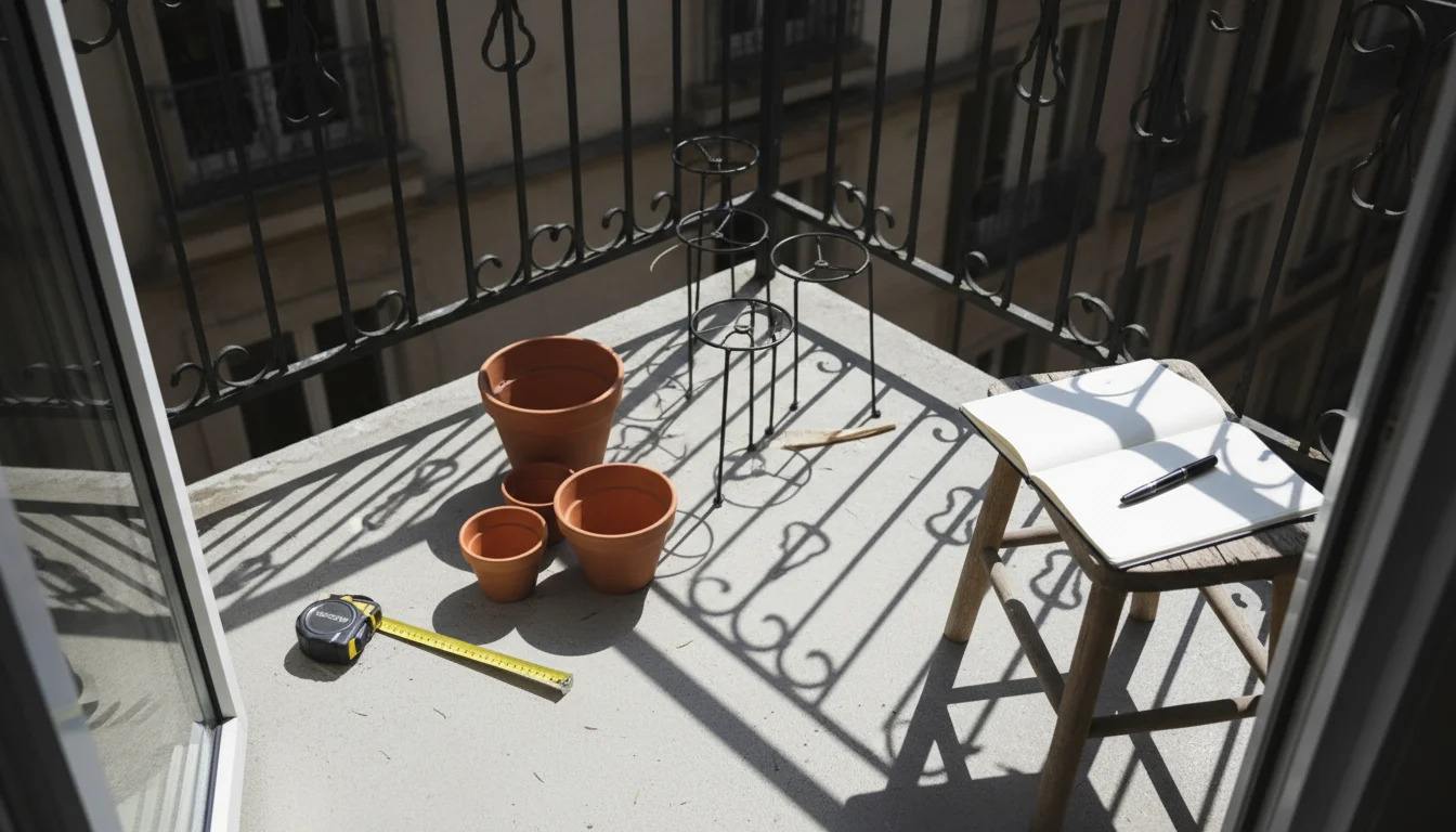 Tape measure on a sunlit balcony floor near terracotta pots and a planter stand, with shadows highlighting sun and shade zones.