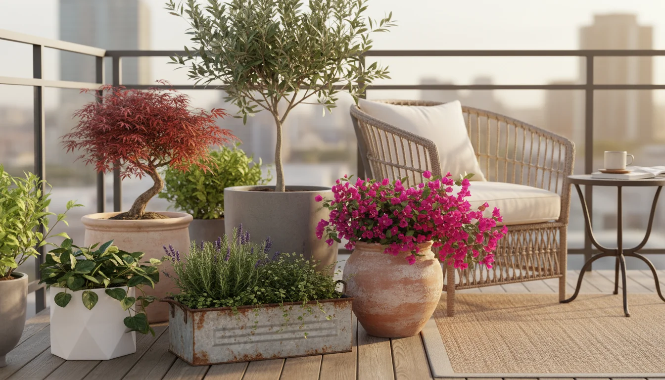 A tastefully arranged balcony corner with diverse plant pots. Dried ornamental grass and coneflower seed heads are bundled decoratively in a terracott
