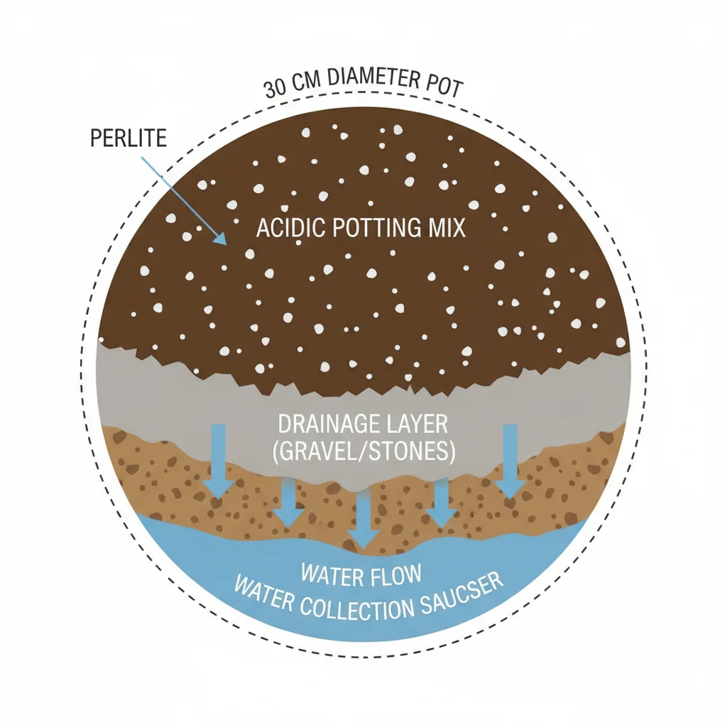 Tea plant potting diagram: 30cm pot with perlite and drainage. Arrows indicate water flow.