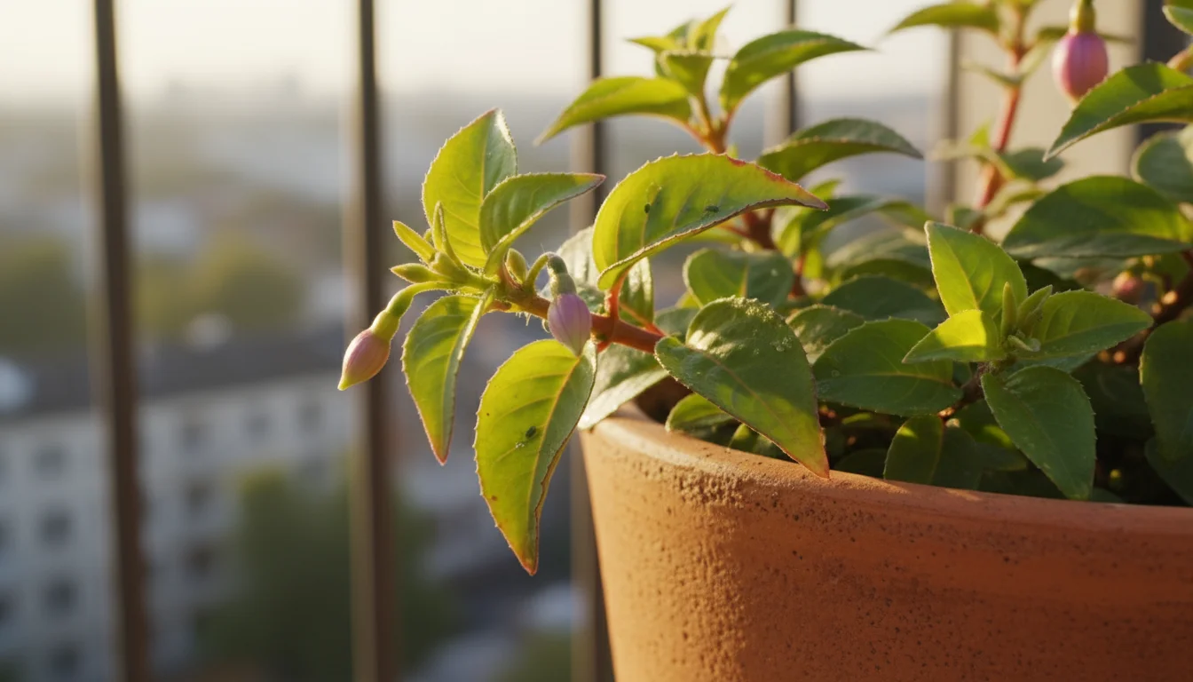 Tender green new shoots and leaves emerging from a potted plant on a balcony, with a few small green aphids present.