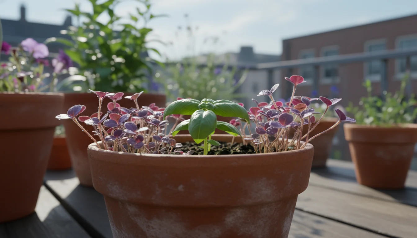 Tender green petunia and basil seedlings actively growing in a terracotta pot on a balcony, with soft, cool morning light highlighting their fresh gro