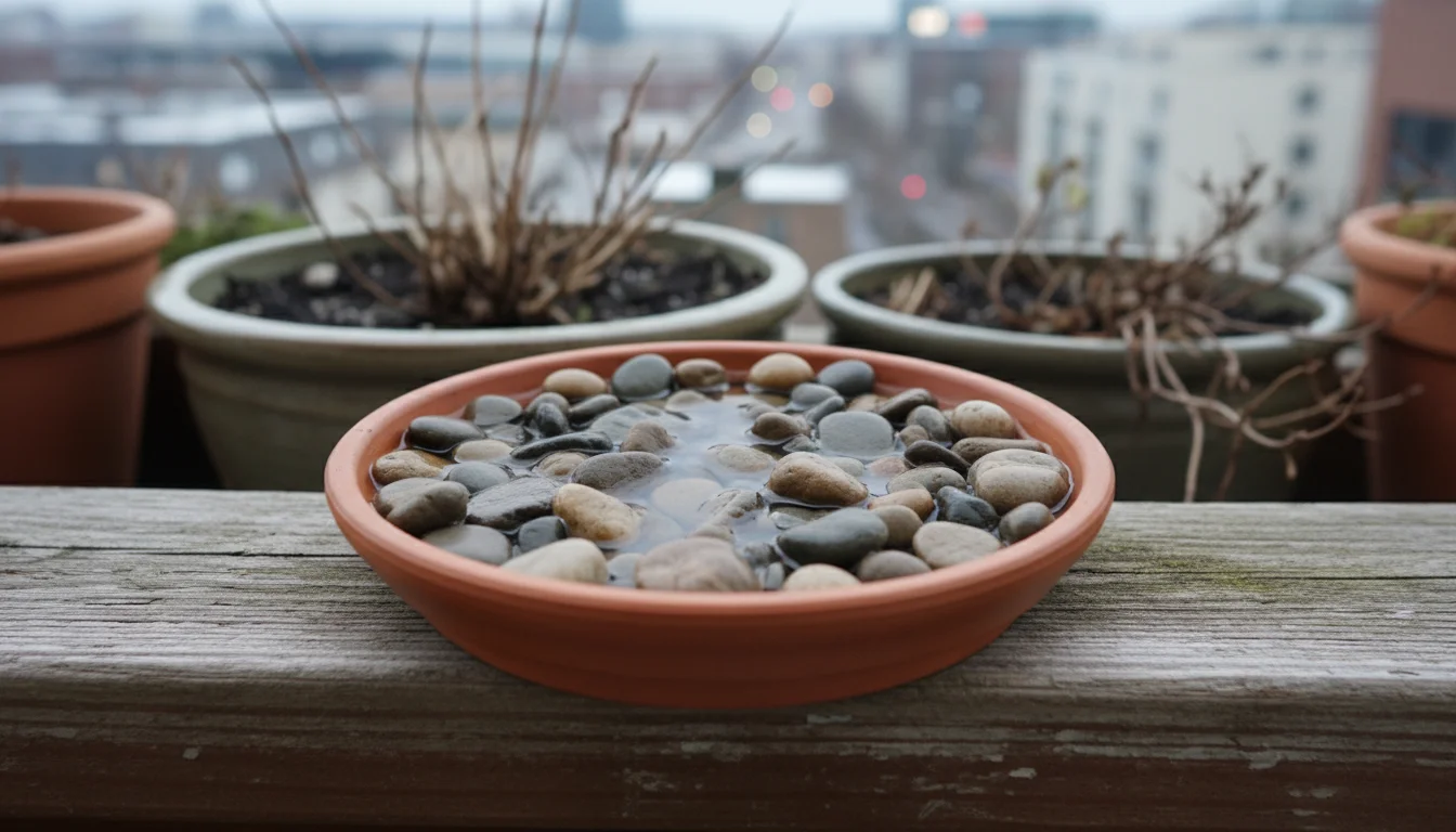 A close-up of a terra cotta saucer filled with river pebbles and water, resting on a wooden balcony railing for insects.