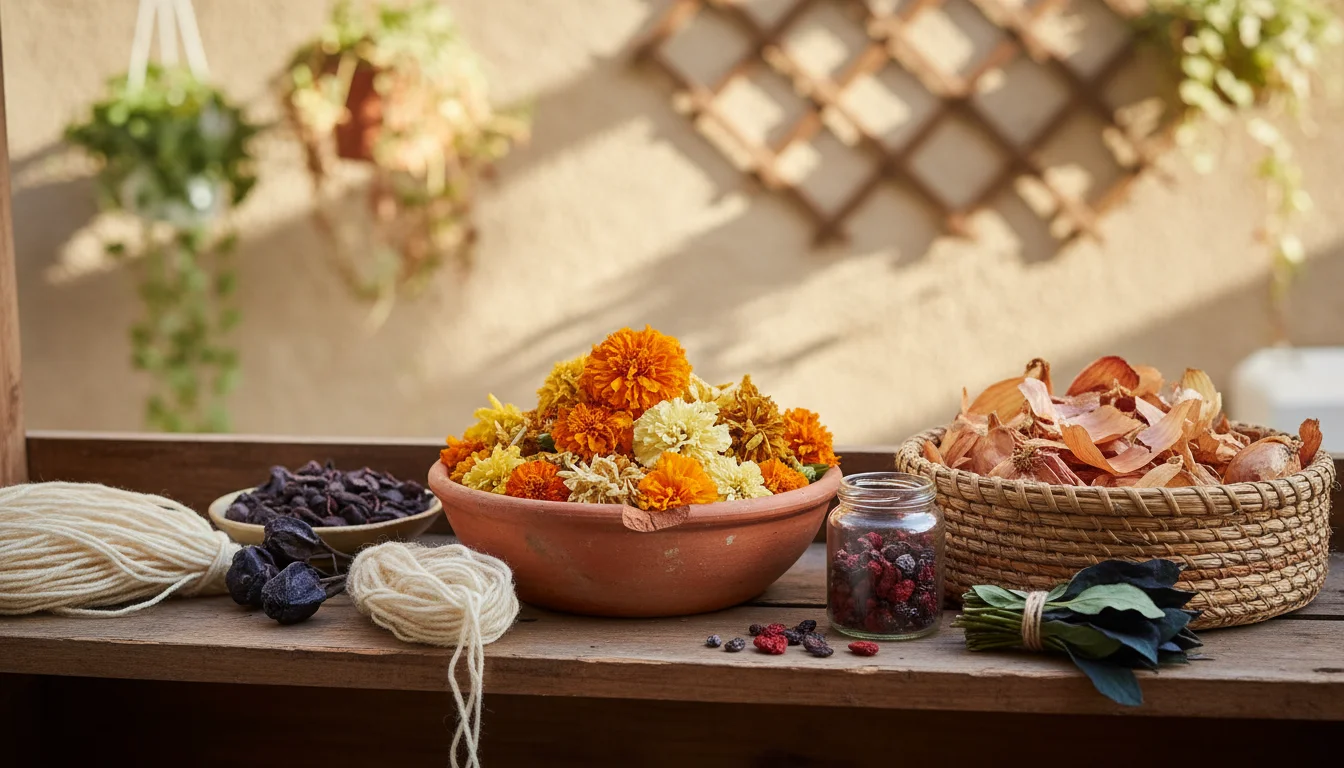Terracotta bowl of marigold flowers and woven basket of colorful onion skins on a rustic wooden balcony shelf.