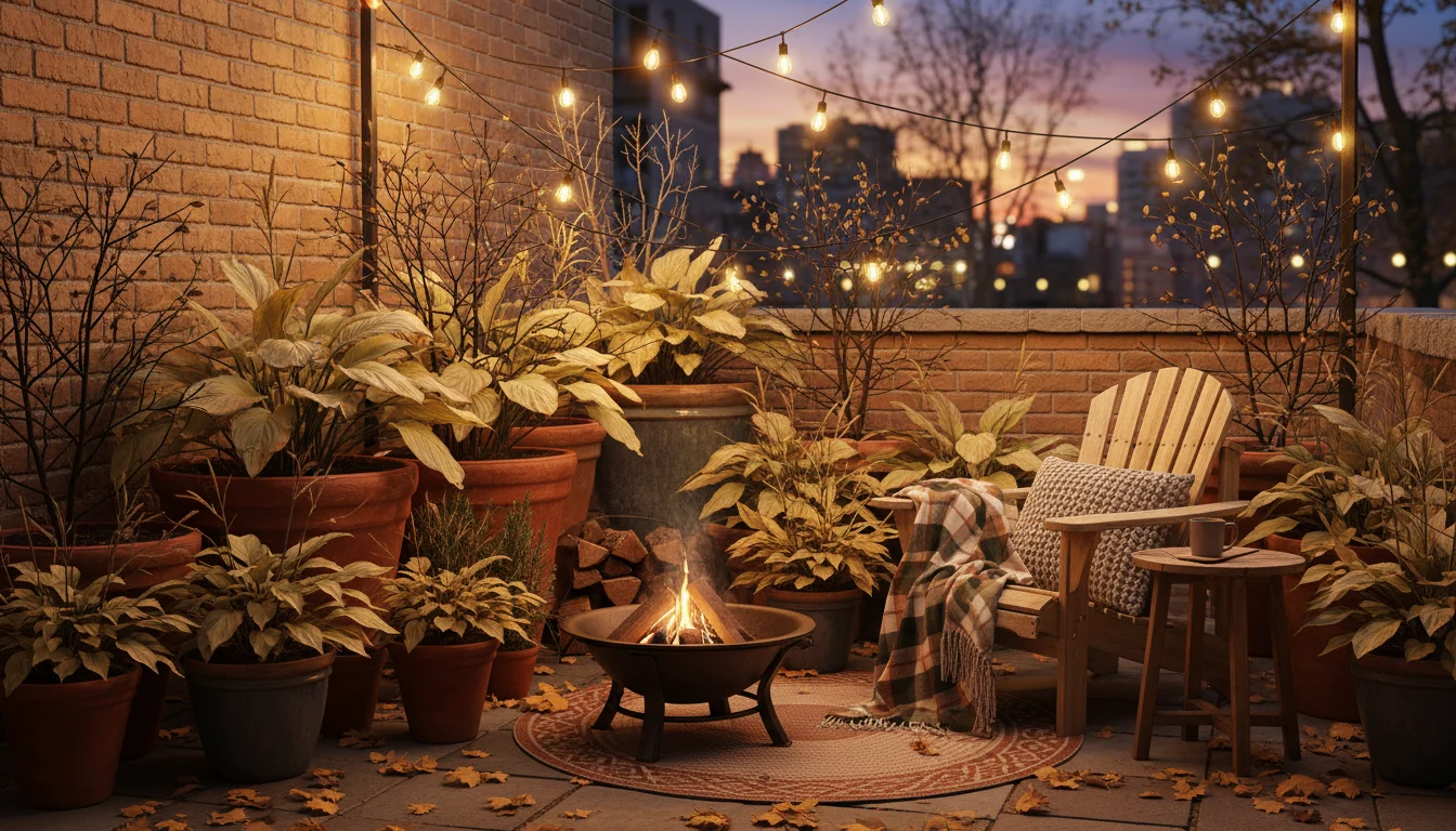 Terracotta and ceramic pots with dormant plants are tightly grouped against a house wall on a small patio, partially covered with burlap.